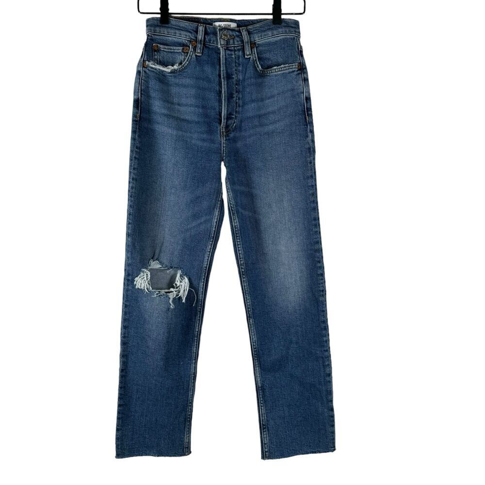 RE/DONE 70s Ultra High Rise Stovepipe Jeans Vintage Indigo Destroy Distressed 26